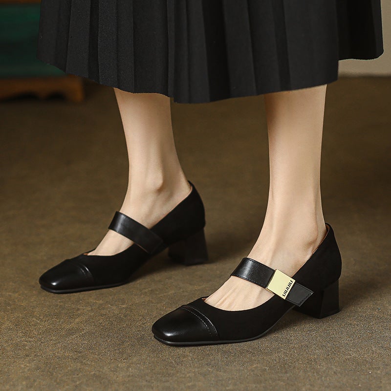 Spring 2024 Wish Retro Mid-Heel Women'S Shoes 31-43 Square Solid Color Stitching Mary Jane Single Shoes - Image 2