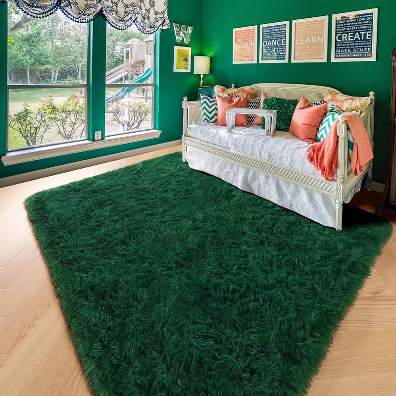 Amdrebio Dark Green Area Rugs for Living Room, 5x8, Fluffy Thick Rug for Bedroom, Soft Indoor Furry Rugs for Kids Room, Teen, Shag Modern Cool Carpet for Nursery Playroom Classroom, Emerald Green - Image 3