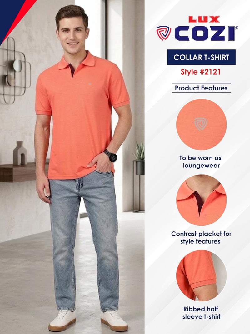 Lux Cozi Men's Pack of 1 Apricat Regular Fit Polo Neck Half Sleeve Solid Casual T-Shirt (Size : Large)_COZI_2121_APRCAT_L_1PC Apricot - Image 2