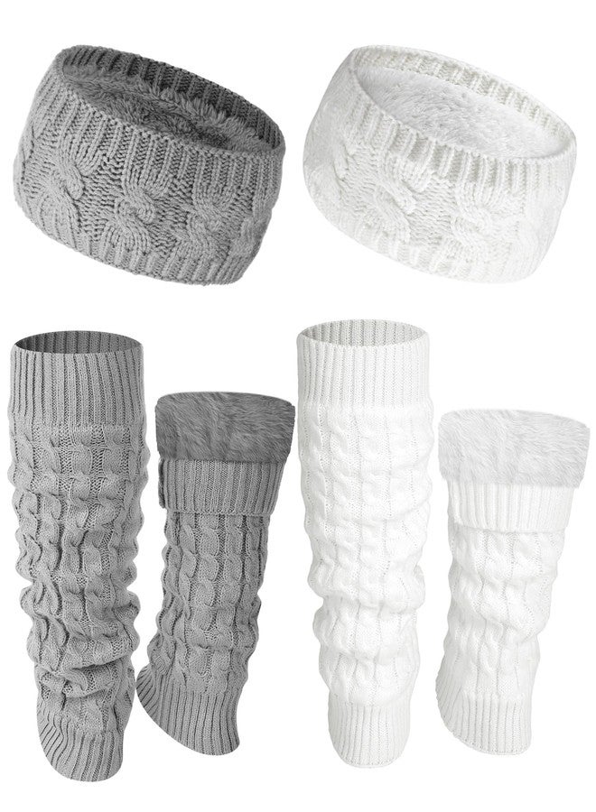 Chuarry 4 Pack Figure Skating Leg Warmers and Headband Set Winter Fleece Leg Warmers Twisted Headband for Women Girls Skating (White and Light Gray) - Image 1