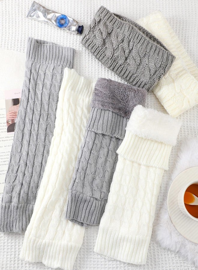 Chuarry 4 Pack Figure Skating Leg Warmers and Headband Set Winter Fleece Leg Warmers Twisted Headband for Women Girls Skating (White and Light Gray) - Image 5