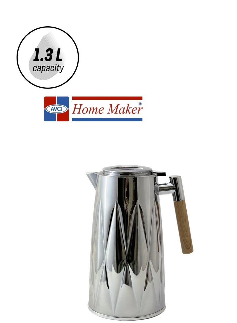Home Maker 1.3 لتر من الفولاذ المقاوم للصدأ لترمس الشاي والقهوة - فضي | ترمس معزول حرارياً - يحافظ على المشروبات ساخنة أو باردة لساعات - Image 1