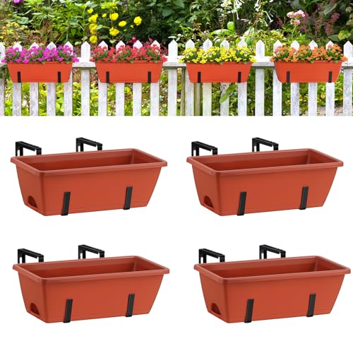 smusei Window Boxes Planters 17’’ Railing Planter Box with Adjustable Brackets, 4 Pack Hanging Deck Railing Planters Rectangular Flower Pots for Outdoor Patio Balcony Fence - Image 1