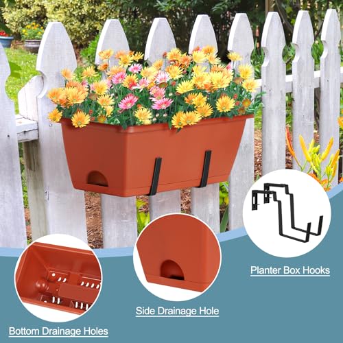 smusei Window Boxes Planters 17’’ Railing Planter Box with Adjustable Brackets, 4 Pack Hanging Deck Railing Planters Rectangular Flower Pots for Outdoor Patio Balcony Fence - Image 2