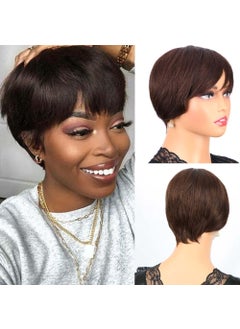 Sharopul Cheap Short Human Hair Wig For Women Dark Brown Remy Natural Hair Wavy Light Weight Glueless Short Pixie Cut Can Restyle Hair Wig2 