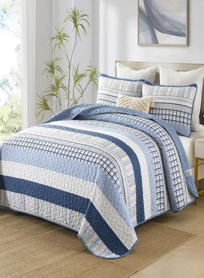 DJY Navy Blue Striped Quilt Queen Size, Boho Blue Tan Striped Bedspread Coverlet Set Soft Microfiber Bohemian Patchwork Quilt Bedding Set 3 Pieces for All Season - Image 2