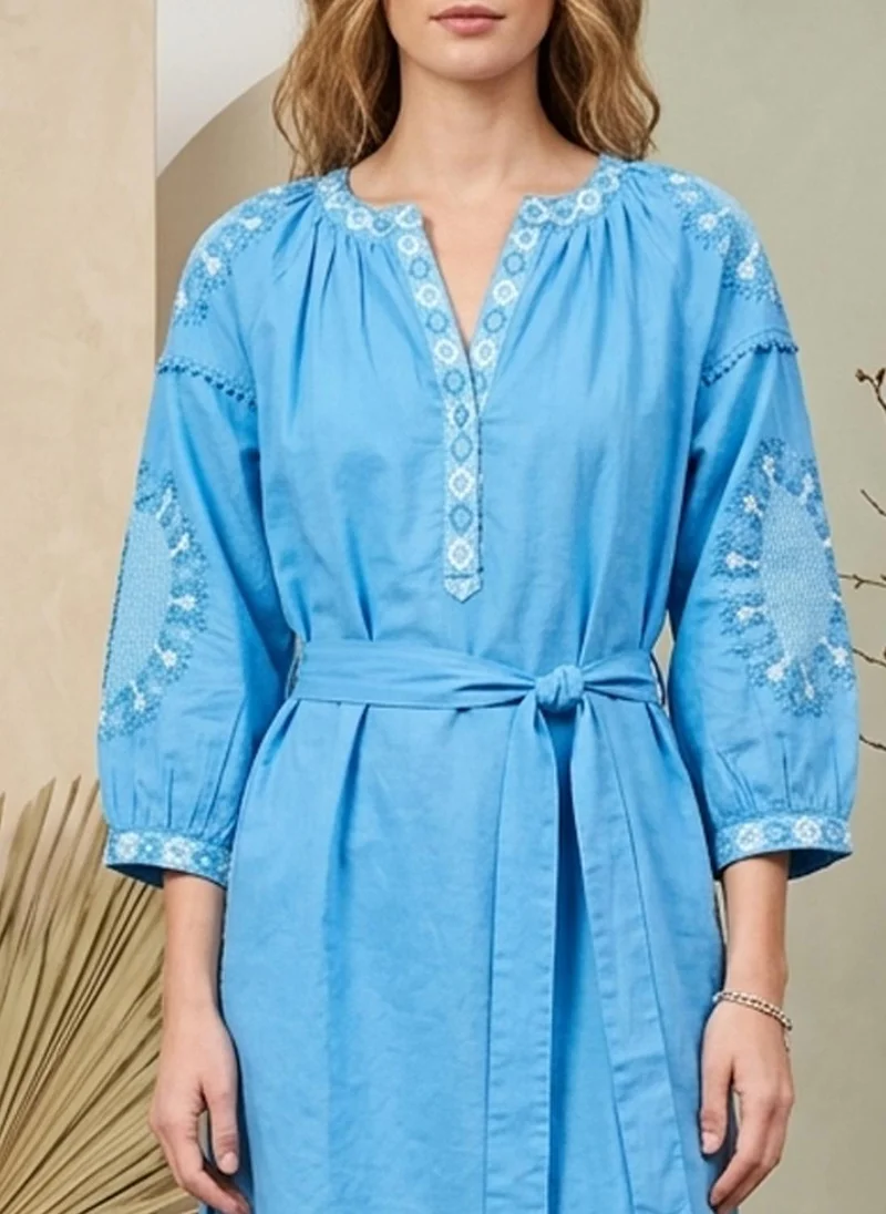 Alaya sky blue Women Embroidered  Cotton Midi Dress -AL3705 for Women | Best Price UAE