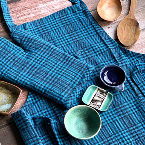 PIXEL HOME DECOR Pixel Home Cotton Apron 100% Cotton Check Kitchen Apron with Front Center Pocket (Apron With Oven Mitt) (Blue Pin Stripe) - Image 3