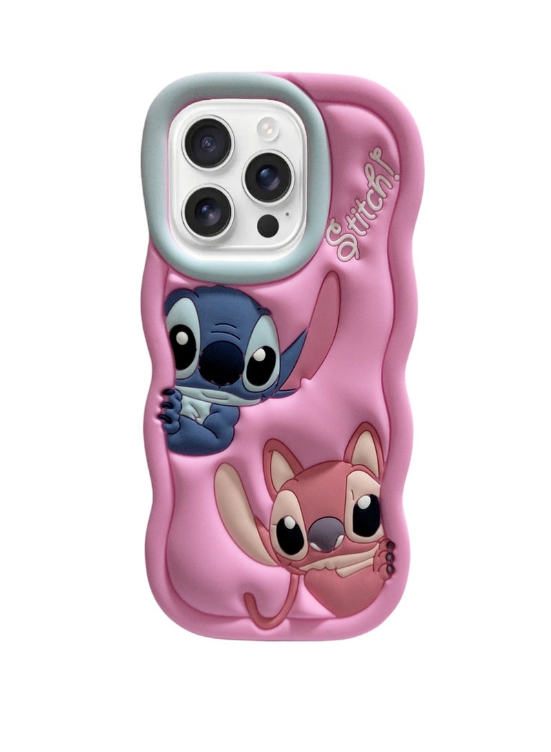 حافظة سيليكون من الألياف الدقيقة ثلاثية الأبعاد لهاتف iPhone 16 Pro (غرزة كرتونية) (وردي)