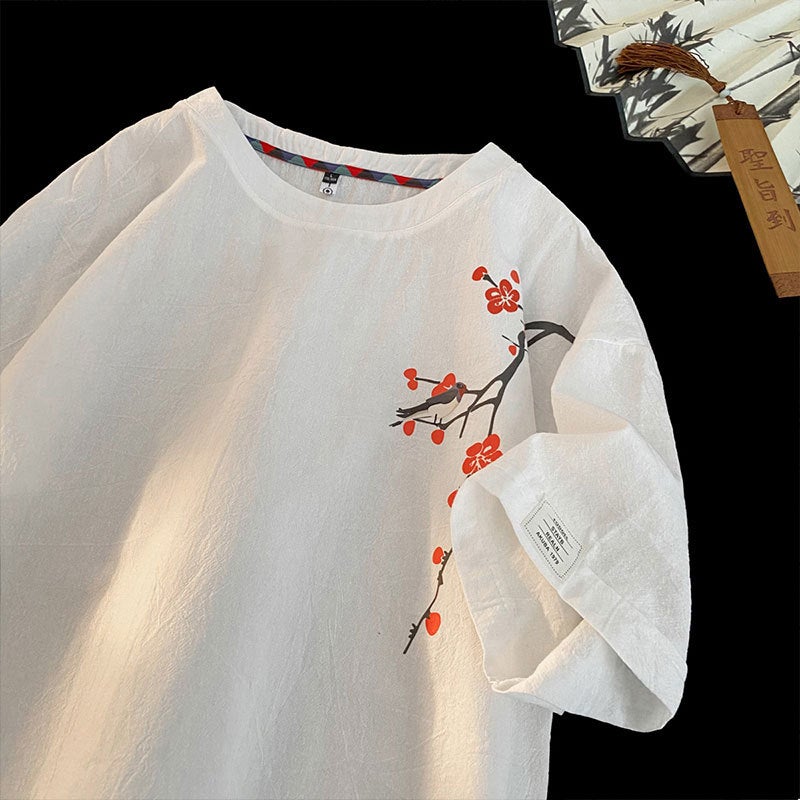 Chinese Style Plum Blossom Short Sleeve T-Shirt Cotton And Linen New Chinese Style Loose Half Sleeve T-Shirt T3525-P25 [Special Offer] Q - Image 1