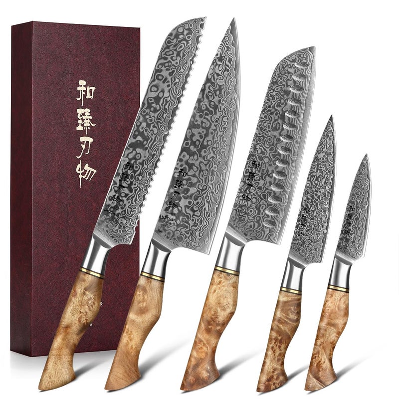 HEZHEN Damascus Kitchen Knives Set Damascus Steel Japanese Style Chef Knife Utility Knife Santoku KnifeFigured Sycamore Wood Handle