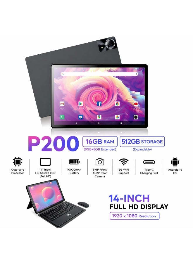 C idea P200 14" Smart Tablet PC, 16GB RAM + 512GB Storage, Android 14, 10000mAh, 5G WiFi, 13MP+5MP Camera, Keyboard & Mouse – Black - Image 2