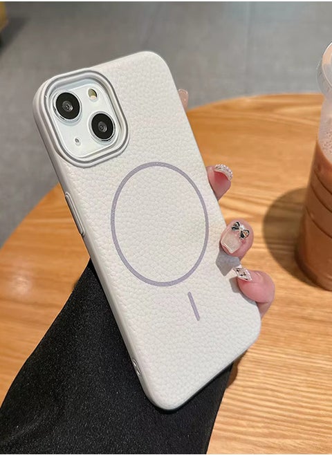 Magsafe Phone Case For iPhone 15 Plus With High Quality Rubber Frame And Slim Lychee Pattern Leather Case with Camera Lens Protection Shockproof Cover And support wireless Charging Leather Cover for iPhone 15 Plus - Beige