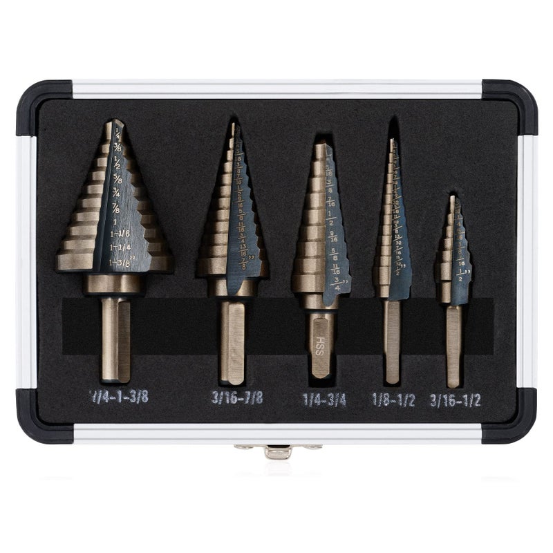 ZELCAN Step Drill Bits, HSS 5PCS Titanium Step Drill Bit Set, 50 Sizes in 5 High Speed Steel Unibit Drill Bits Set for Sheet Metal with Aluminum Case, Multiple Hole Stepped Up Bits for DIY Lovers - Image 1