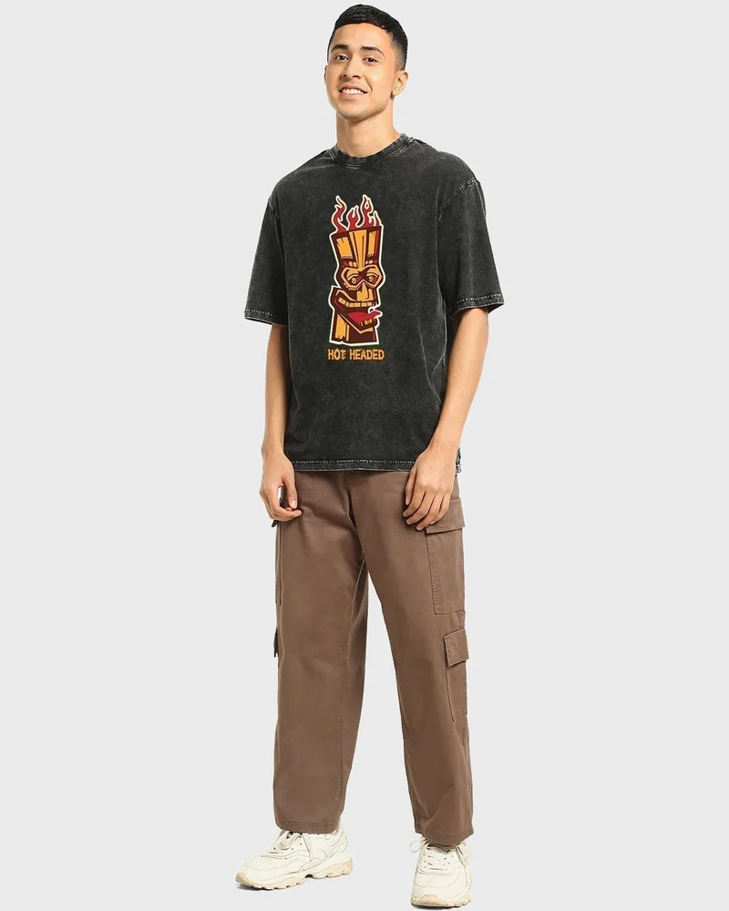 bewakoof Men's Black Hot Headed Graphic Printed Oversized Acid Wash T-shirt