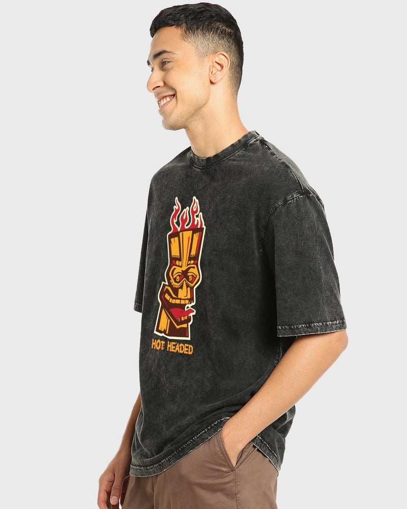 bewakoof Men's Black Hot Headed Graphic Printed Oversized Acid Wash T-shirt - Image 4
