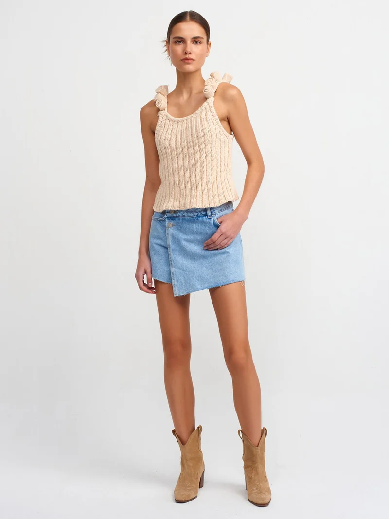 ديلفين 10524 Strap Handmade Flower Detailed Knitwear Top-Natural
