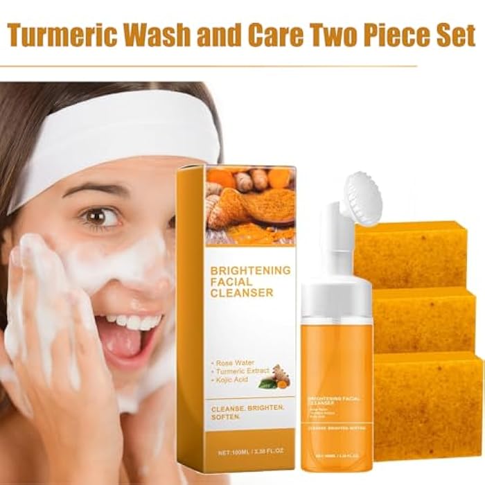 HABOHUSE Turmeric Wash and Care Two Piece Set, Turmeric Soap & Face Wash with Brush, Foaming Mousse Facial Deep Cleansing Exfoliating for Face & Body Skin Care (2,2Set) - Image 2