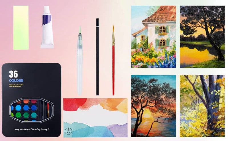Like-It مجموعة ألوان مائية 36 قطعة - ألوان مائية صبغية لمدرسة الرسم مع فرشاة و إسفنجة في علبة معدنية - Image 3
