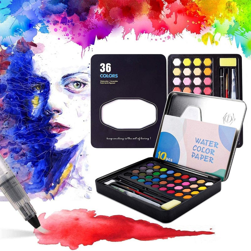 Like-It مجموعة ألوان مائية 36 قطعة - ألوان مائية صبغية لمدرسة الرسم مع فرشاة و إسفنجة في علبة معدنية - Image 1