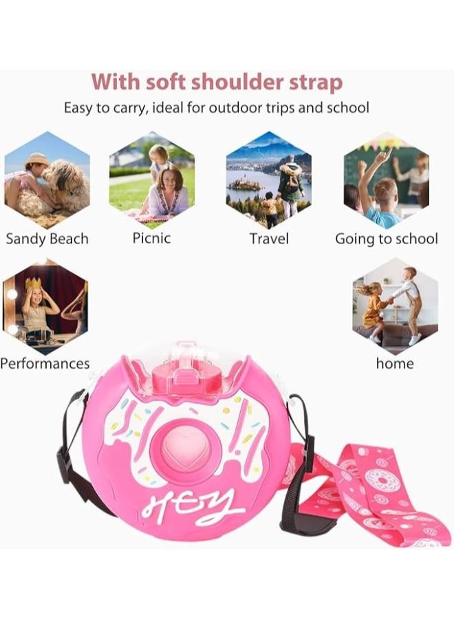 380ml Donut Water Bottle with Straw, Cute Leakproof Drink Water Bottles Adjustable Shoulder Strap Portable Reusable Toddler Drink Bottle for Outdoor Sports Travel, School Activities
