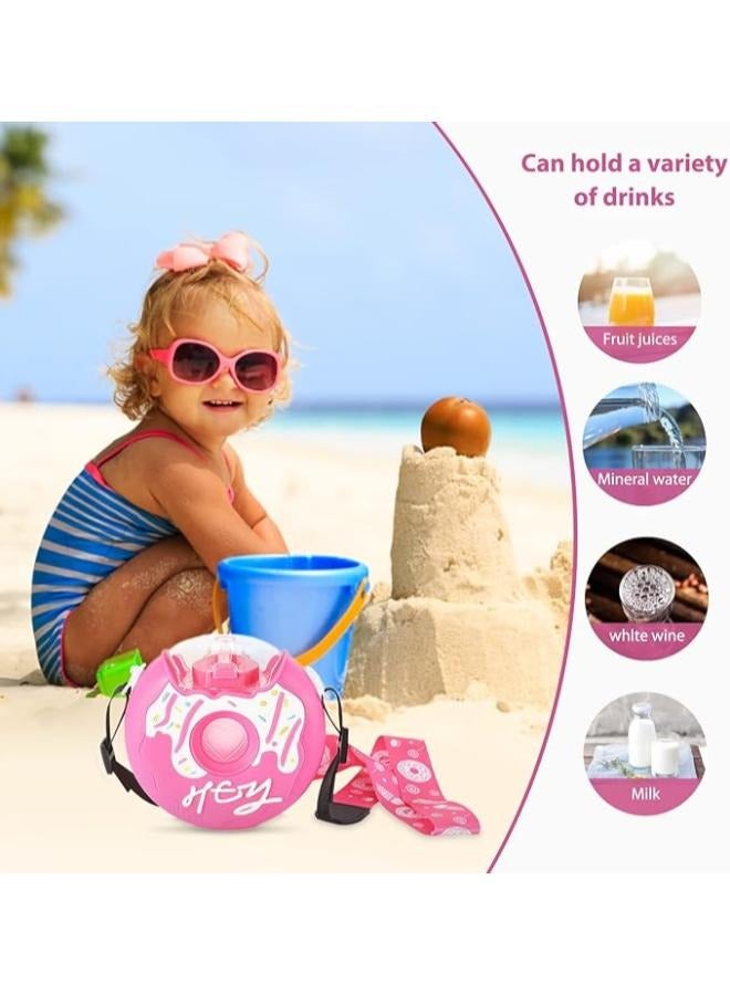 380ml Donut Water Bottle with Straw, Cute Leakproof Drink Water Bottles Adjustable Shoulder Strap Portable Reusable Toddler Drink Bottle for Outdoor Sports Travel, School Activities