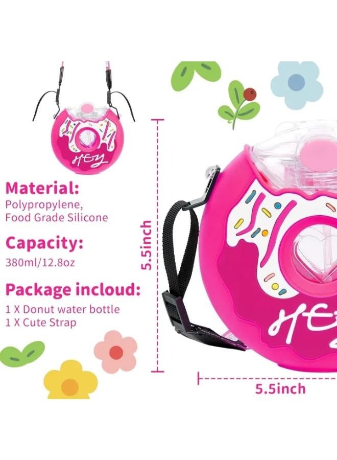 380ml Donut Water Bottle with Straw, Cute Leakproof Drink Water Bottles Adjustable Shoulder Strap Portable Reusable Toddler Drink Bottle for Outdoor Sports Travel, School Activities