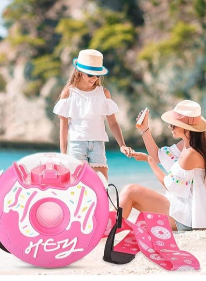 380ml Donut Water Bottle with Straw, Cute Leakproof Drink Water Bottles Adjustable Shoulder Strap Portable Reusable Toddler Drink Bottle for Outdoor Sports Travel, School Activities