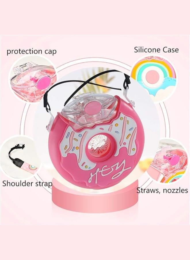 380ml Donut Water Bottle with Straw, Cute Leakproof Drink Water Bottles Adjustable Shoulder Strap Portable Reusable Toddler Drink Bottle for Outdoor Sports Travel, School Activities