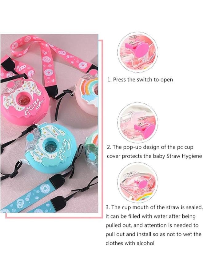 380ml Donut Water Bottle with Straw, Cute Leakproof Drink Water Bottles Adjustable Shoulder Strap Portable Reusable Toddler Drink Bottle for Outdoor Sports Travel, School Activities