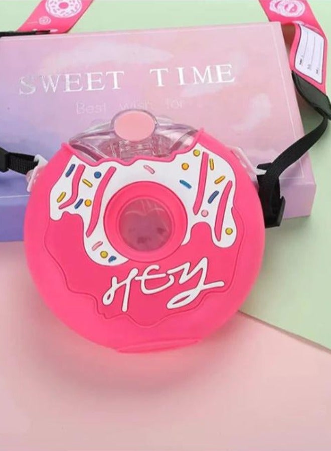 380ml Donut Water Bottle with Straw, Cute Leakproof Drink Water Bottles Adjustable Shoulder Strap Portable Reusable Toddler Drink Bottle for Outdoor Sports Travel, School Activities