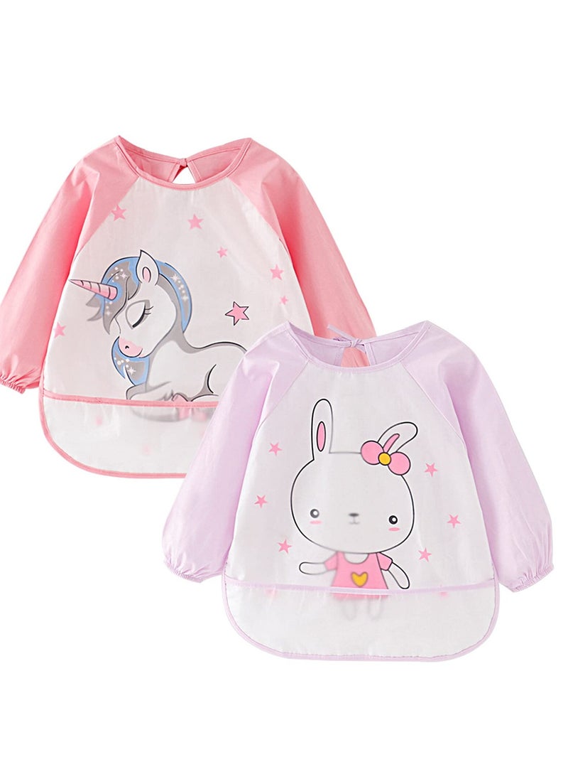 SYOSI Bibs with Sleeves, Baby Bibs, 2 Pack Waterproof Long Sleeve Baby Bibs with Food Catcher Pocket, Wipe Clean Toddler Apron for Infant Toddler 2-4 Years, Stain and Odor Resistance, Pink and Purple  - Image 1