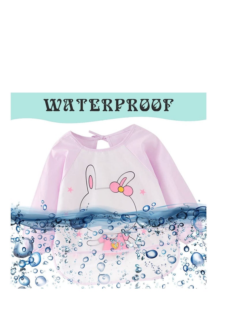 SYOSI Bibs with Sleeves, Baby Bibs, 2 Pack Waterproof Long Sleeve Baby Bibs with Food Catcher Pocket, Wipe Clean Toddler Apron for Infant Toddler 2-4 Years, Stain and Odor Resistance, Pink and Purple  - Image 2