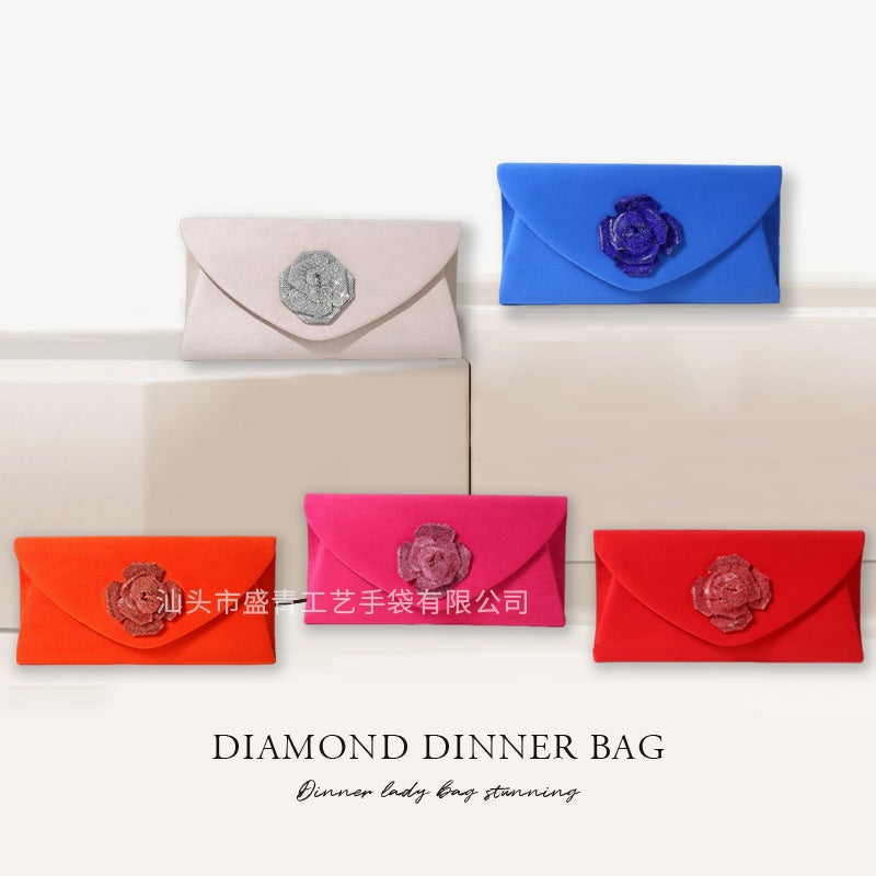 New Women'S Evening Bag, Fashionable And Luxurious Women'S Bag, Rhinestone Rose Clutch Bag, Red Retro Velvet Bag - Image 3