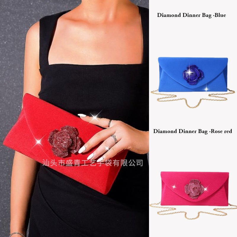 New Women'S Evening Bag, Fashionable And Luxurious Women'S Bag, Rhinestone Rose Clutch Bag, Red Retro Velvet Bag - Image 2
