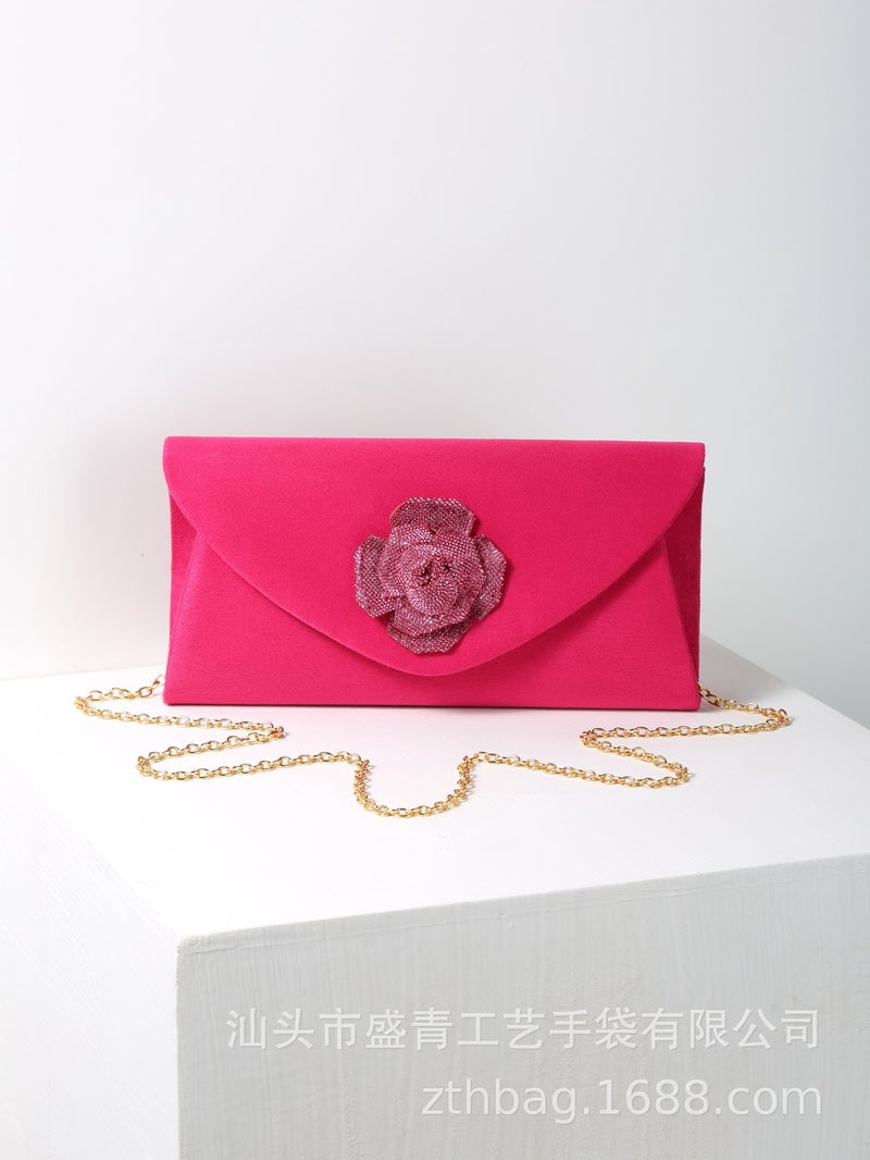 New Women'S Evening Bag, Fashionable And Luxurious Women'S Bag, Rhinestone Rose Clutch Bag, Red Retro Velvet Bag - Image 1