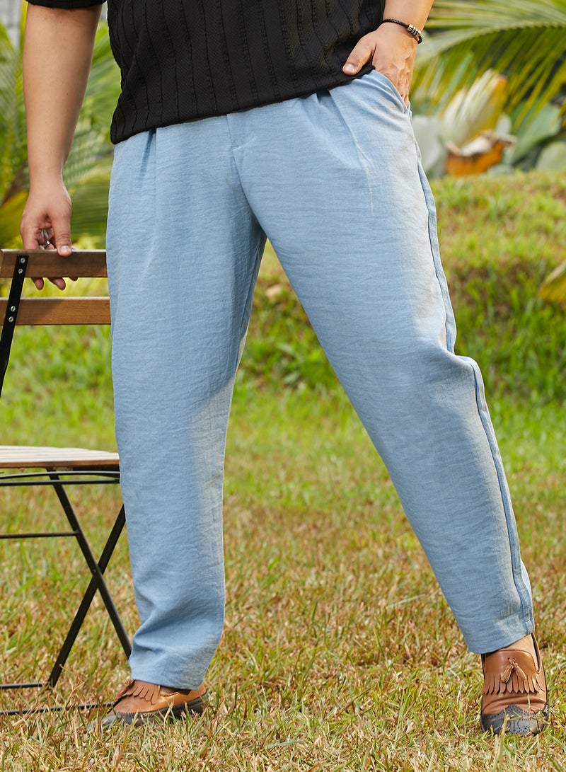Instafab Plus Men's Sky Blue Pleated Tailored Trousers For Casual Wear | Mid-Rise | Regular Fit | Button Closure | Plus Size Trousers Crafted With Comfort Fit For Everyday Wear - Image 1