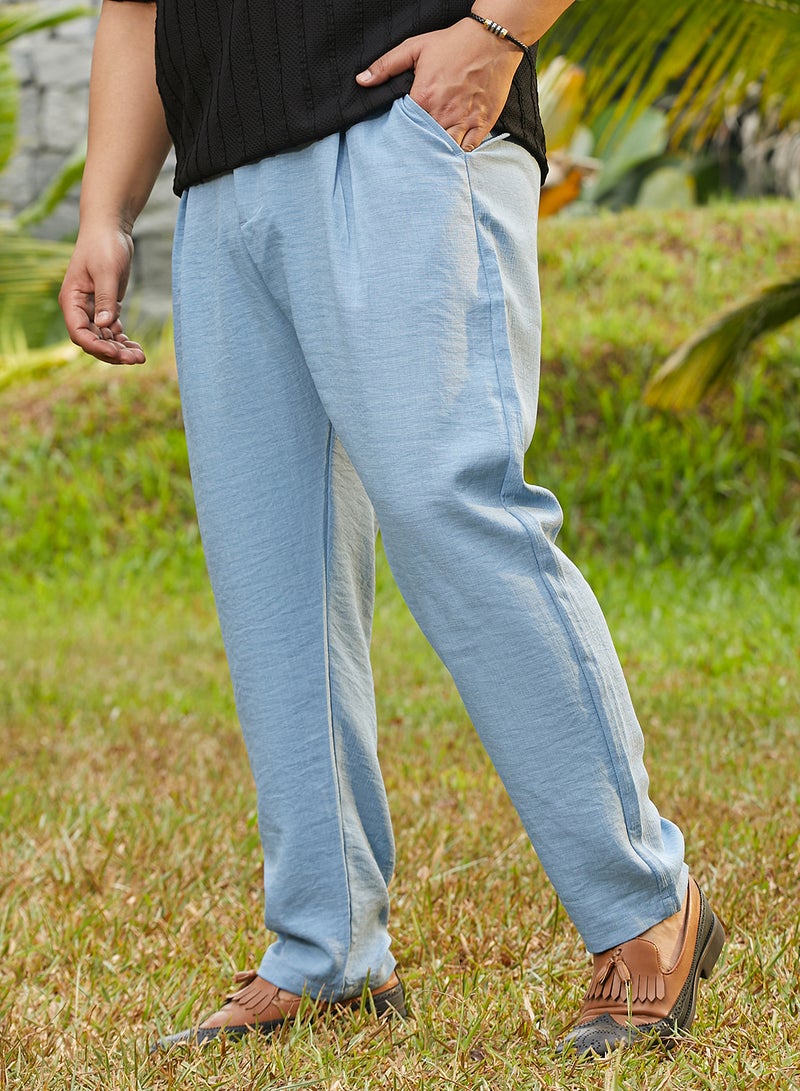 Instafab Plus Men's Sky Blue Pleated Tailored Trousers For Casual Wear | Mid-Rise | Regular Fit | Button Closure | Plus Size Trousers Crafted With Comfort Fit For Everyday Wear - Image 3