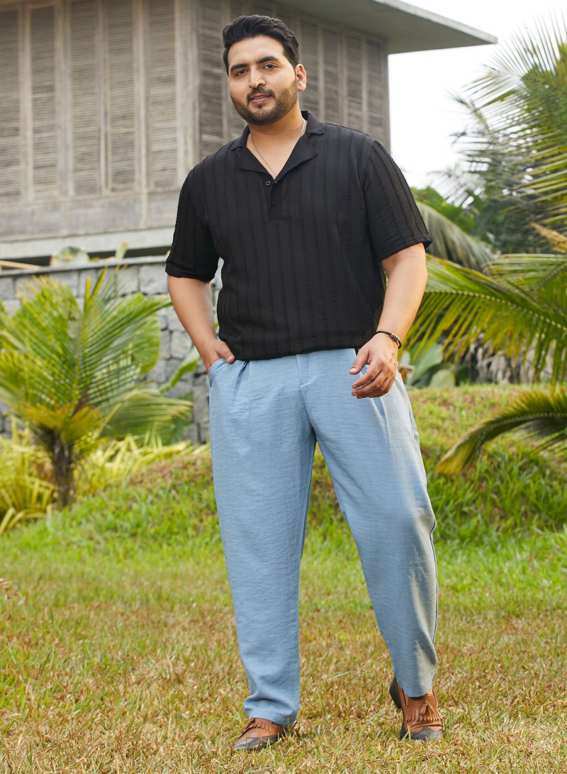 Instafab Plus Men's Sky Blue Pleated Tailored Trousers For Casual Wear | Mid-Rise | Regular Fit | Button Closure | Plus Size Trousers Crafted With Comfort Fit For Everyday Wear - Image 5