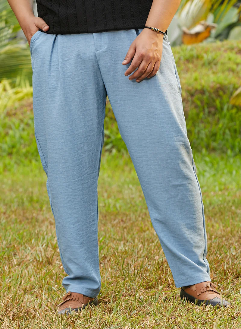 Instafab Plus Instafab Plus Men's Sky Blue Pleated Tailored Trousers For Casual Wear | Mid-Rise | Regular Fit | Button Closure | Plus Size Trousers Crafted With Comfort Fit For Everyday Wear