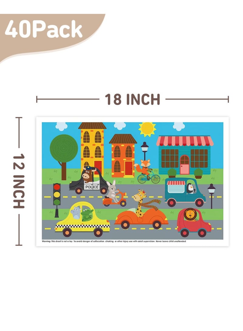 Babebay Disposable Stick-on Placemats 40 Pack for Baby & Kids, Toddler Placemats in Reusable Pouch 12" x 18" (Multicolor Animals Driving Cars) - Image 3