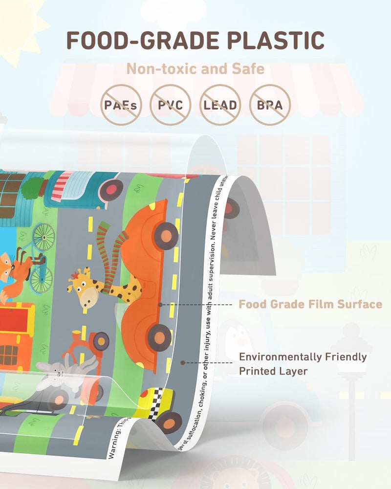 Babebay Disposable Stick-on Placemats 40 Pack for Baby & Kids, Toddler Placemats in Reusable Pouch 12" x 18" (Multicolor Animals Driving Cars) - Image 2