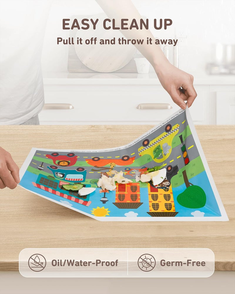 Babebay Disposable Stick-on Placemats 40 Pack for Baby & Kids, Toddler Placemats in Reusable Pouch 12" x 18" (Multicolor Animals Driving Cars) - Image 4