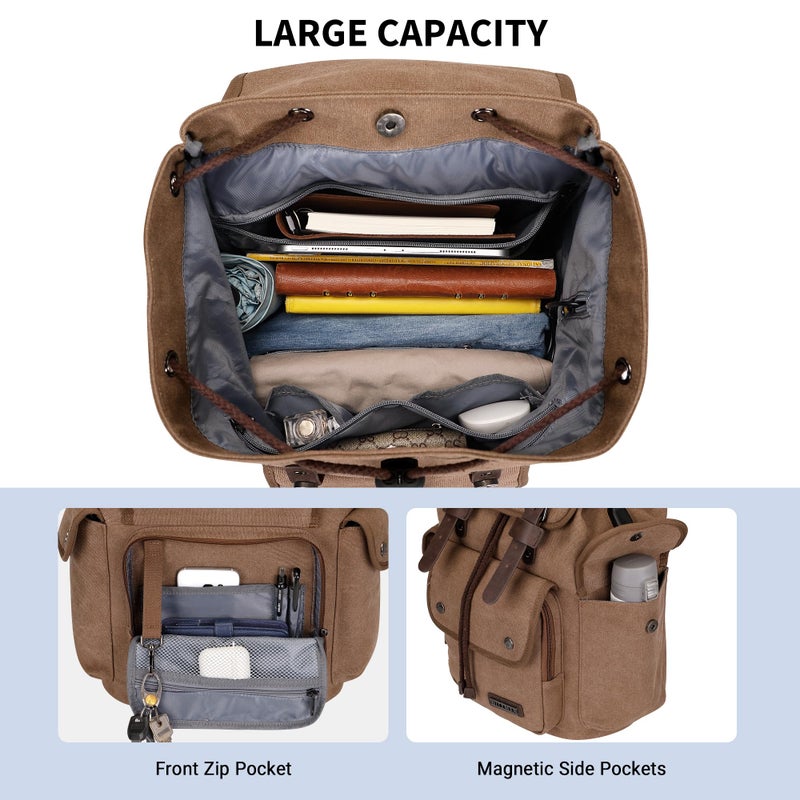WITZMAN Canvas Backpack for Men Vintage Rucksack Fit 15.6 inch Laptop Backpack Travel High Capacity Casual Daypack (A8004 brown) - Image 4