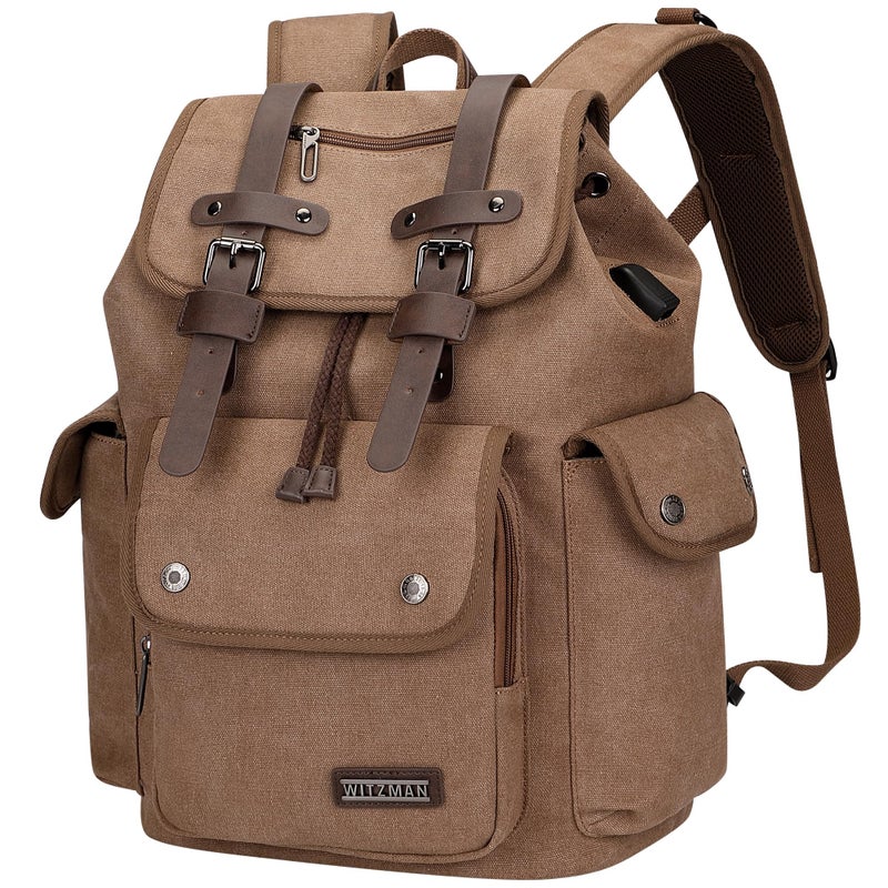 WITZMAN Canvas Backpack for Men Vintage Rucksack Fit 15.6 inch Laptop Backpack Travel High Capacity Casual Daypack (A8004 brown) - Image 1