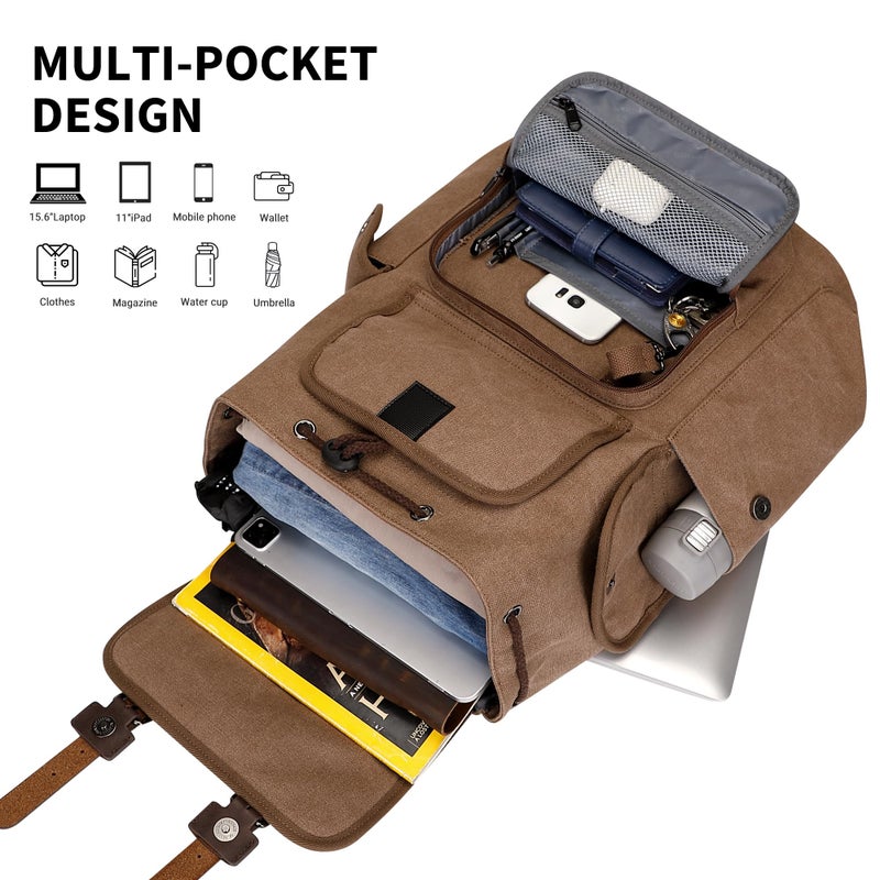 WITZMAN Canvas Backpack for Men Vintage Rucksack Fit 15.6 inch Laptop Backpack Travel High Capacity Casual Daypack (A8004 brown) - Image 3