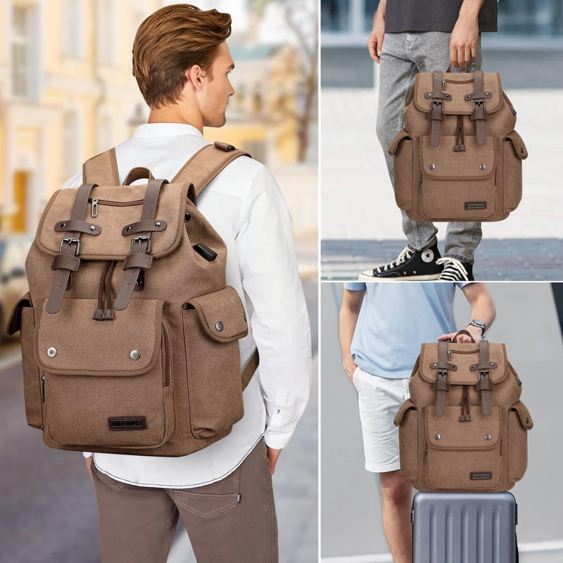 WITZMAN Canvas Backpack for Men Vintage Rucksack Fit 15.6 inch Laptop Backpack Travel High Capacity Casual Daypack (A8004 brown) - Image 2
