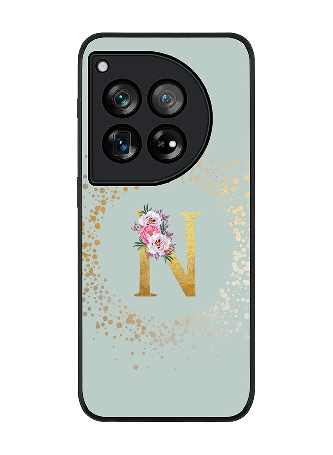 Stylizedd Rugged Black Edge Case for OnePlus 12, Slim fit Case Thin Cover -  Custom Monogram Initial Letter Floral Pattern Alphabet - N  (Light Grey ) - Image 1