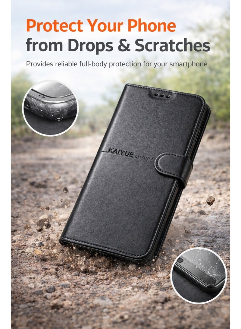 كايا جراب جلد أنيق وش وظهر لموبايل Redmi Note 15 – حمايه متكامله من الصدمات والخدوش اليوميه – لون أسود فاخر - Image 2
