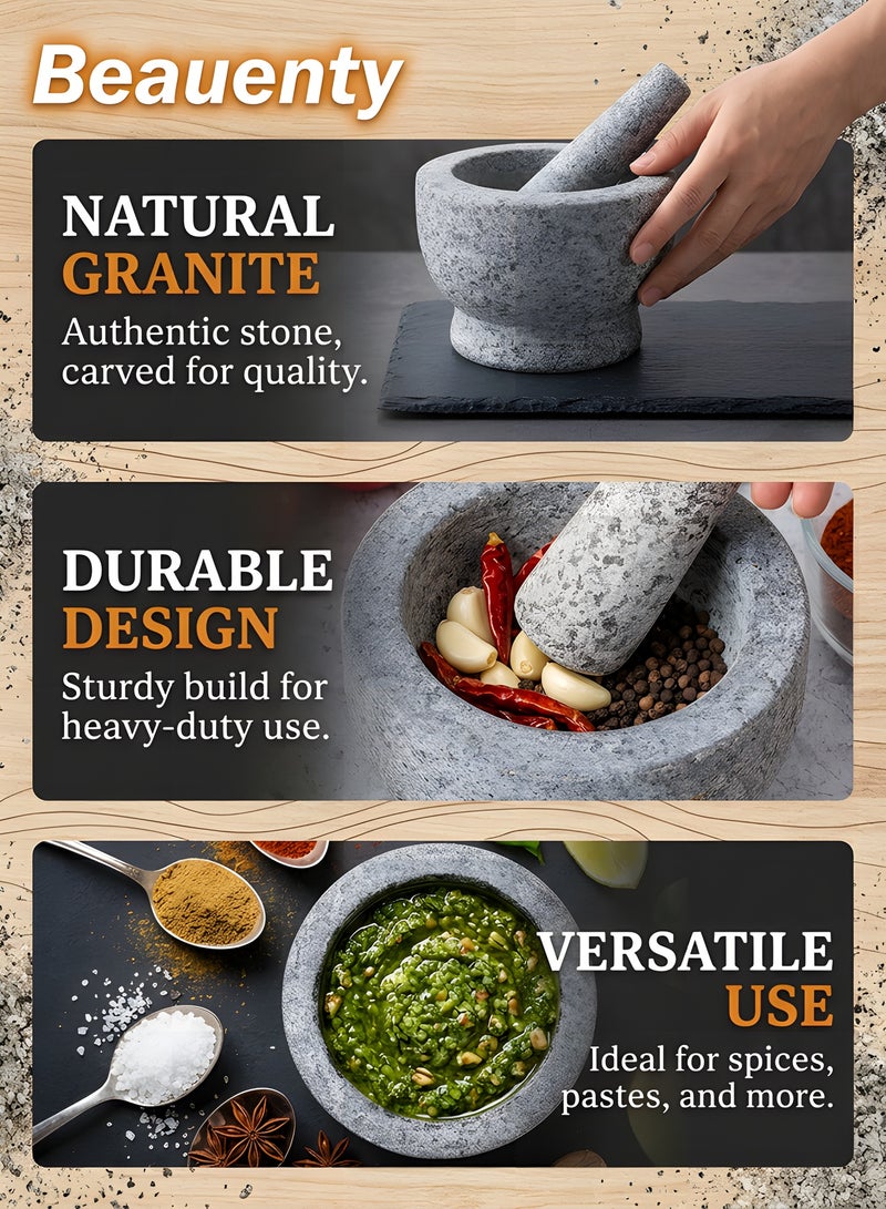 بيوينتي مجموعة الهاون والمدقة الحجرية الطبيعية، مولكاخيتي مكسيكانو، وعاء الجوكامولي، طاحونة بهارات يدوية، ومهرقة للتوابل والأعشاب والأفوكادو لتحضير الجوكامولي والسالسا والبيستو. - Image 2
